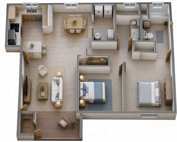 A top-down view of a well-organized apartment layout.