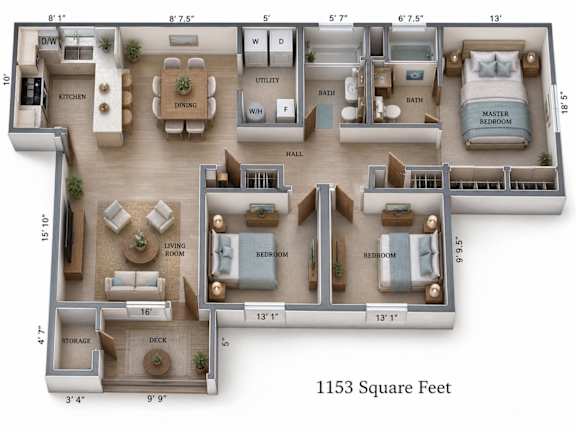 A 3D floor plan of a house with a total area of 1153 square feet.