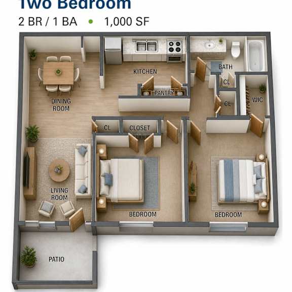 A 1,000 square foot floor plan for a two bedroom apartment.