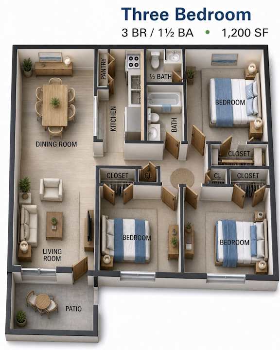 A 3 bedroom apartment with a living room, dining room, kitchen, and patio.