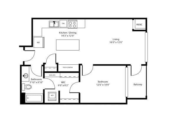 A floor plan of a house with a living room, bedroom, bathroom, kitchen, and balcony.