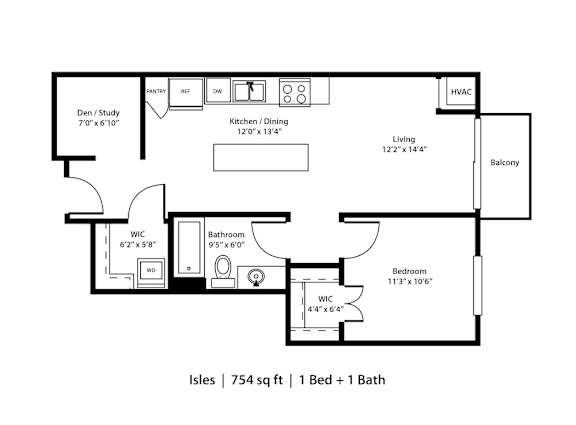 A floor plan of a one bedroom apartment with a bathroom.