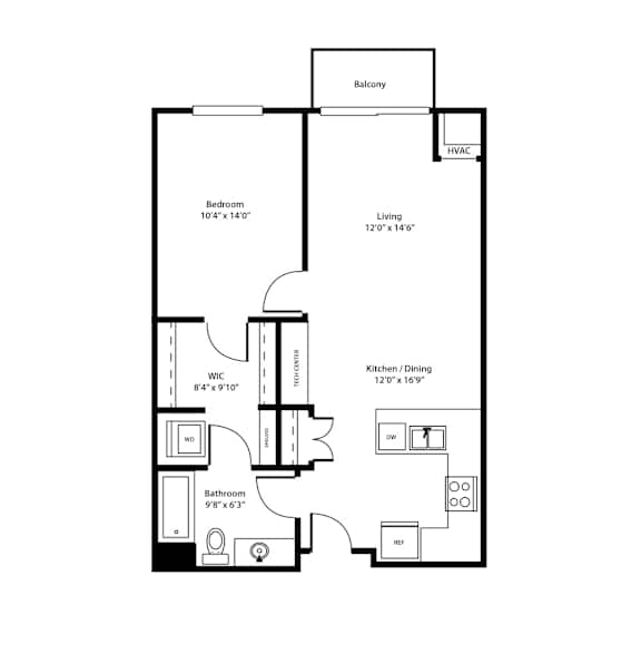 A floor plan of an apartment with a bedroom, bathroom, kitchen, and living room.