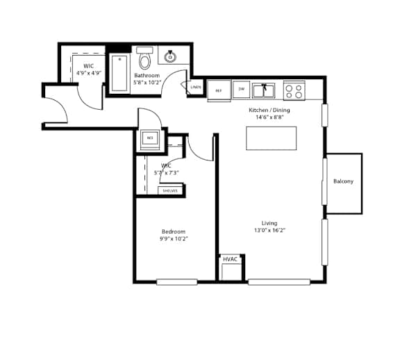 A black and white floor plan of a small apartment.