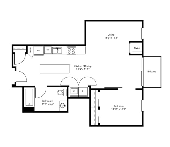 A floor plan of a home with a living room, dining room, kitchen, bathroom, and bedroom.