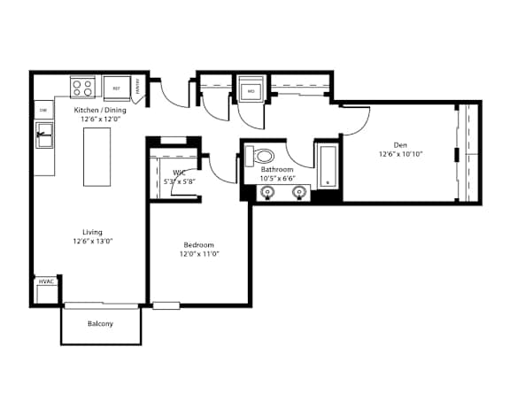 A floor plan of a house with a living room, kitchen, dining room, bathroom, and bedrooms.