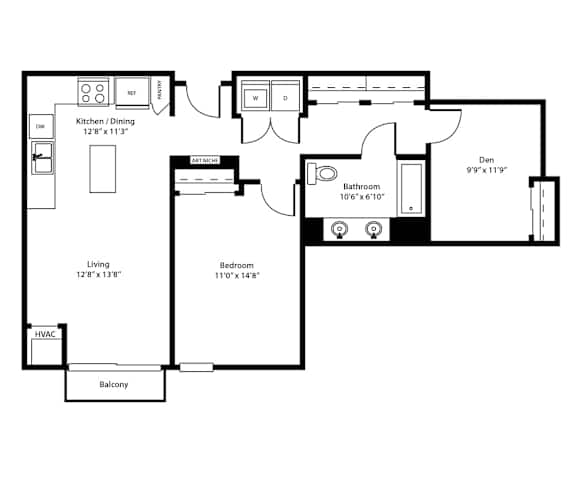 A floor plan of a house with a living room, dining room, kitchen, bedroom, bathroom, and balcony.