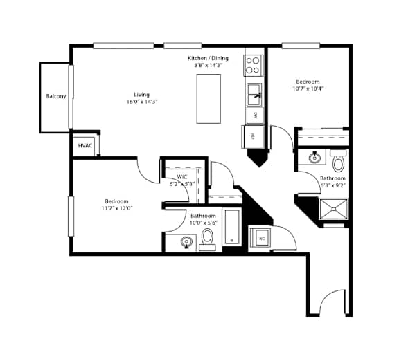 A floor plan of a house with a living room, two bedrooms, a bathroom, and a balcony.