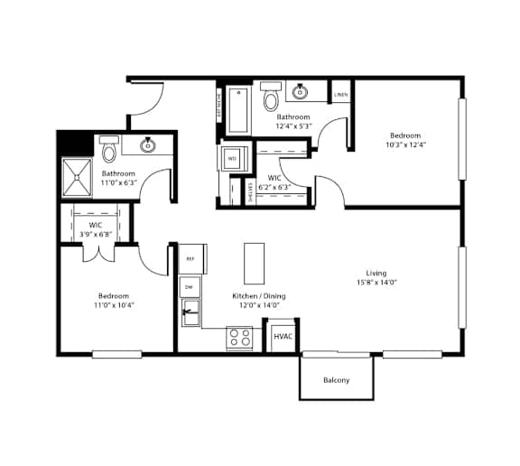 A floor plan of a house with a living room, two bedrooms, a bathroom, a kitchen/dining area, and a balcony.