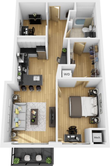 A floor plan of a small apartment with a kitchen, living room, and bedrooms.