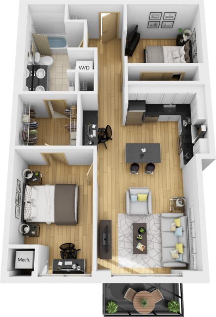 A floor plan of a small apartment with a kitchen, living room, and bedroom.