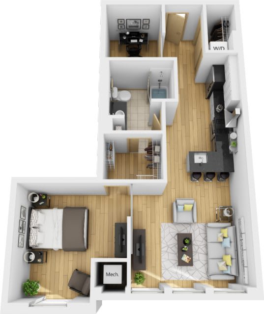 Floor Plan  A top-down view of a modern apartment layout.