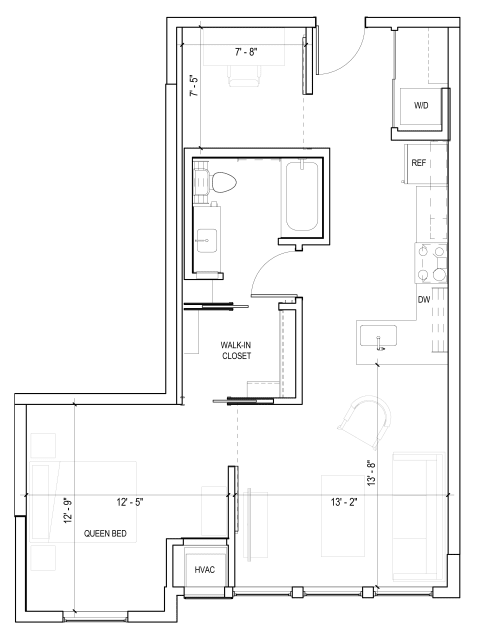 A floor plan of a room with a queen bed, a desk, a chair, a dresser, and a walk-in closet.