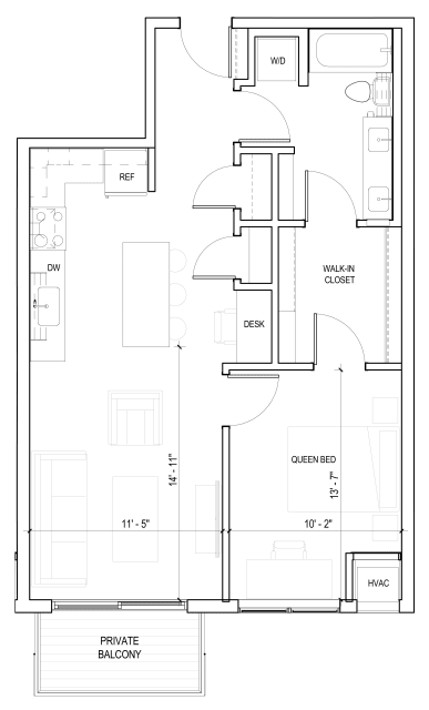 A floor plan of a house with a private balcony.