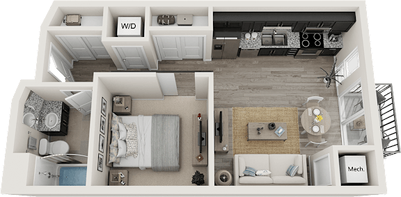 A floor plan of a small apartment with a living room, kitchen, and bedroom.