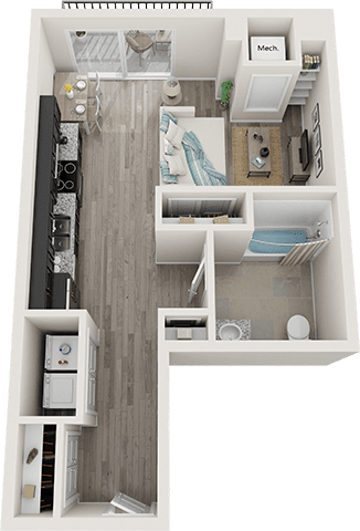 A floor plan of a small apartment with a kitchen, living room, and bedroom.