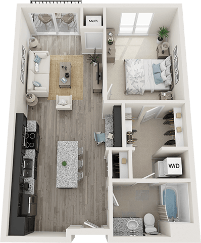 A detailed 3D floor plan of a small apartment with a kitchen, living room, bedroom, and bathroom.