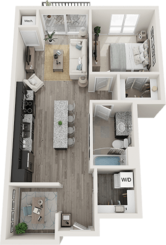 A 3D floor plan of a small apartment with a kitchen, living room, and bathroom.