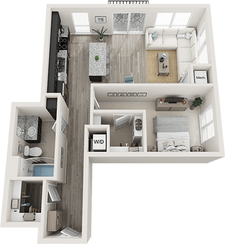 A 3D floor plan of a small apartment with a kitchen, living room, and bathroom.