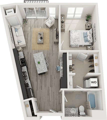 A top-down view of a small apartment with a kitchen, living room, and bedroom.