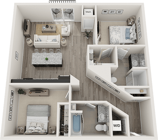 A 3D floor plan of a house with a kitchen, living room, dining room, and bedrooms.