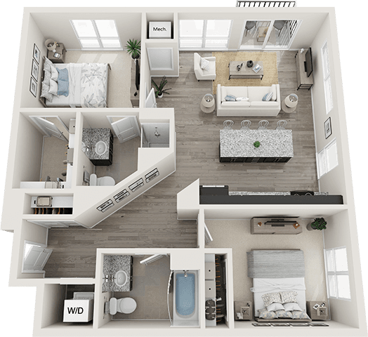 A top-down view of a small apartment layout with a kitchen, living room, and bedrooms.