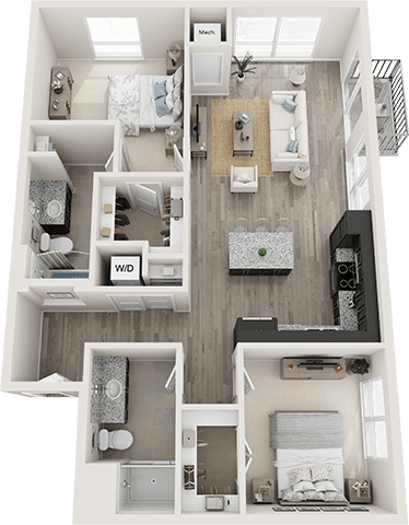 A top-down view of a small apartment layout with a kitchen, living room, and two bedrooms.