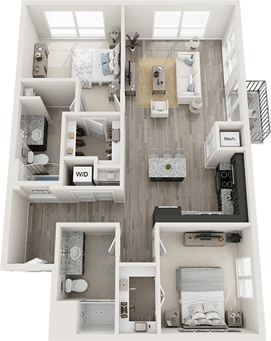 A top-down view of a small apartment with a kitchen, living room, and bedrooms.