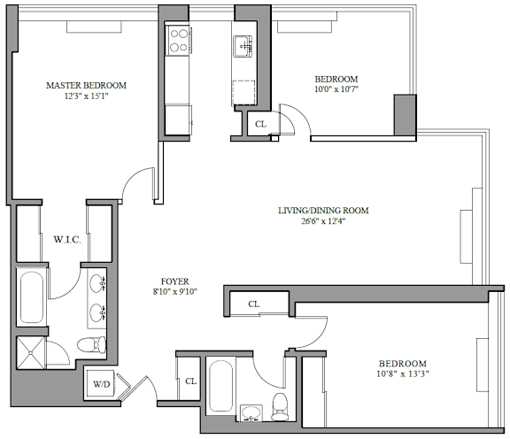 A floor plan of a home with a master bedroom, living/dining room, and two other bedrooms.