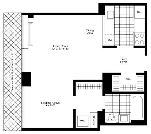 A floor plan of a house with a living room, dining area, kitchen, and sleeping alcove.