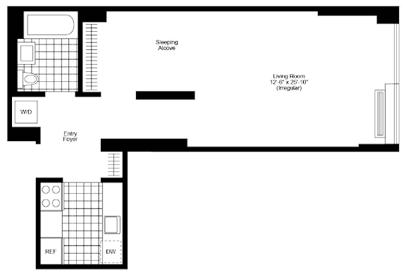 A floor plan of a house with a living room, sleeping aloft, and a foyer.