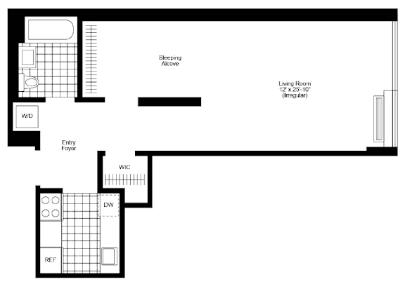 A floor plan of a room with a sleeping alcove, a foyer, and a living room.