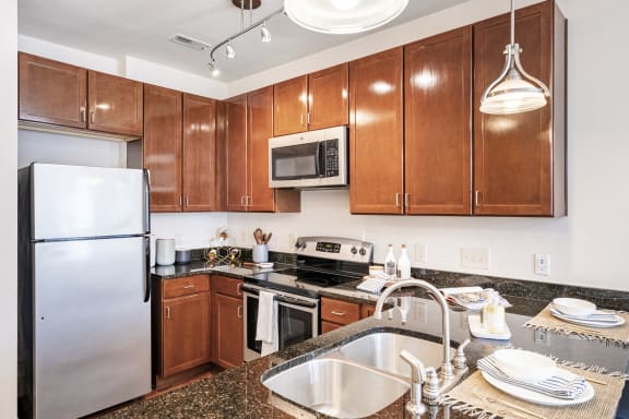 a kitchen with stainless steel appliances and wooden cabinets at Park and Kingston, Charlotte, 28203