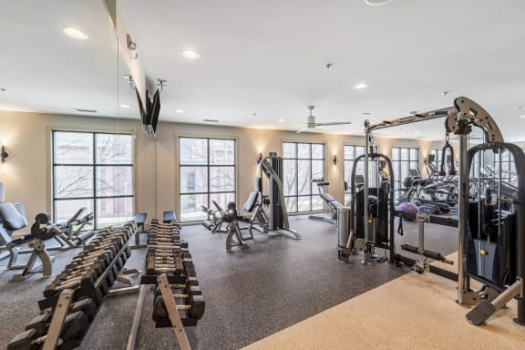 the gym with weights and cardio equipment at the preserve at greatstone  at Park and Kingston, Charlotte, North Carolina