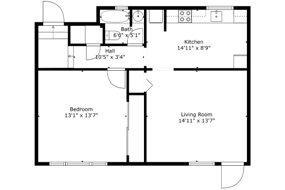 1 bedroom 1 bath 660 sf floor plan, Cardiff Hall Apartments, Towson MD