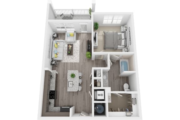 3D 742sf 1 bed 1 bath floor plan at The Flats at Ballantyne, Ballantyne, NC