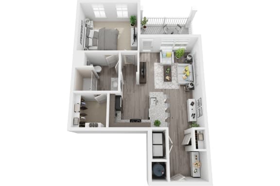 3D 775sf 1 bed 1 bath floor plan at The Flats at Ballantyne, Ballantyne, 28277