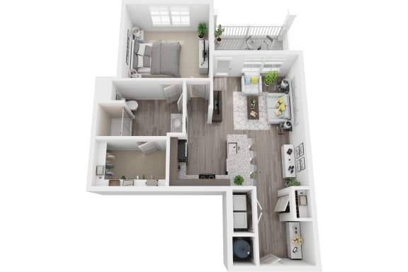 3D 811sf 1 bed 1 bath floor plan at The Flats at Ballantyne, Ballantyne, 28277