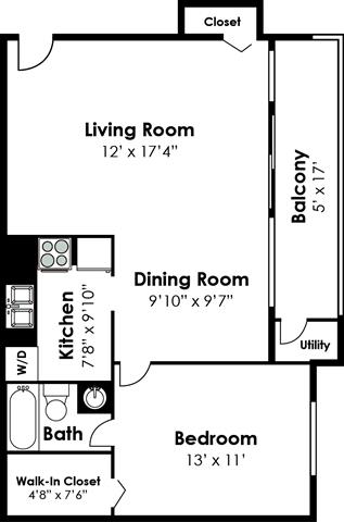 1 Bedroom 1 Bathroom floorplan at Falls Village Apartments, Maryland, 21209