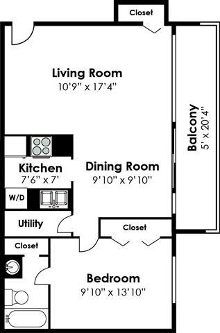 1 Bedroom 1 Bathroom II floorplan at Falls Village Apartments, Maryland