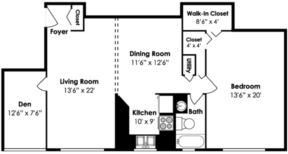 1 Bedroom 1 Bath Den 1200 sf at Cardiff Hall Apartments, Maryland, 21204