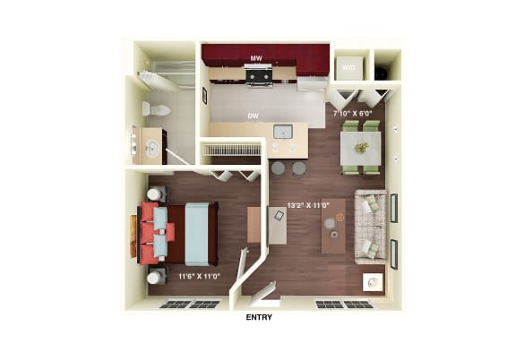 Beaufort Classic 1 bedroom 1 bathroom Floor Plan at Fortress Grove, Murfreesboro, Tennessee