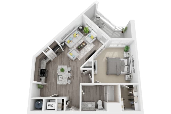 3D 783sf 1 bed 1 bath floor plan at The Flats at Ballantyne, Ballantyne, NC