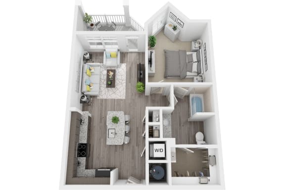 3D 778sf 1 bed 1 bath floor plan at The Flats at Ballantyne, Ballantyne, NC