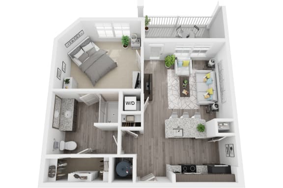 3D 716sf 1 bed 1 bath floor plan at The Flats at Ballantyne, Ballantyne, North Carolina