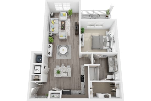 3D 883sf 1 bed 1 bath floor plan at The Flats at Ballantyne, Ballantyne, NC, 28277