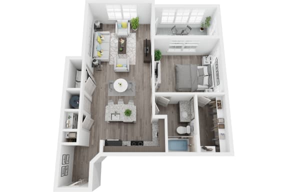3D 800 sf 1 bed 1 bath floor plan at The Flats at Ballantyne, Ballantyne, NC, 28277
