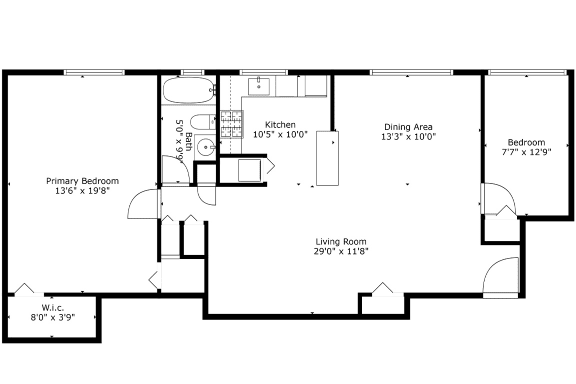 2 bedroom 1 bath 1200 sf floor plan, Cardiff Hall Apartments, Towson MD