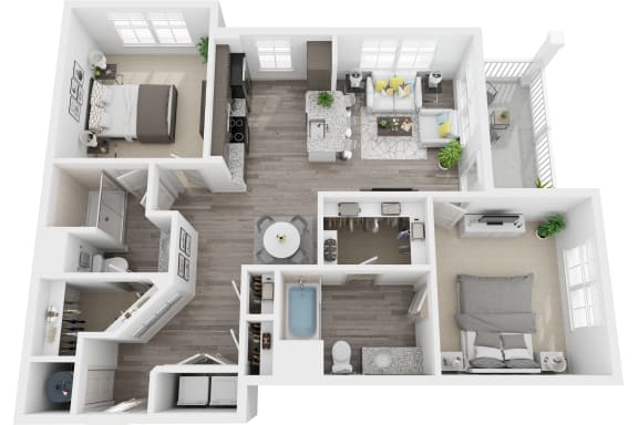 3D 1097sf 2 bed 2 bath floor plan at The Flats at Ballantyne, North Carolina