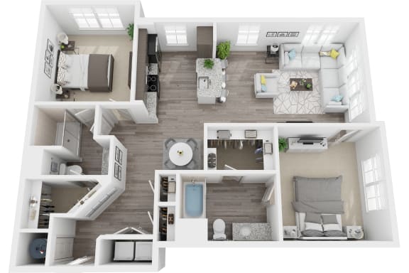 3D 1193sf 2 bed 2 bath floor plan at The Flats at Ballantyne, North Carolina